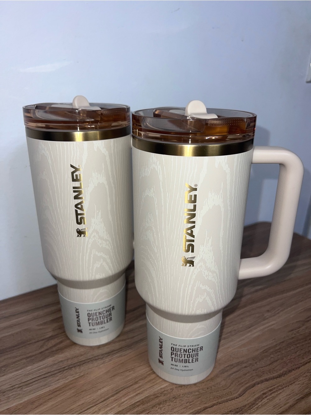 Stanley Cream Woodgrain Quencher Tumbler with Gold Accents